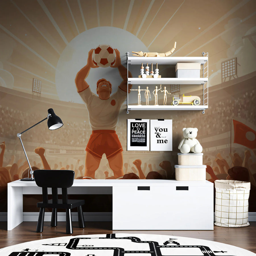 Triumphant Stadium Athlete Mural Wallpaper — Vintage Sports Illustration Mural Wallpaper