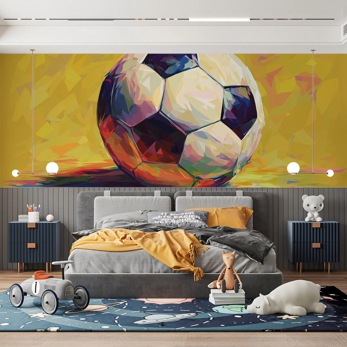 Abstract Cubist Soccer Ball Mural Wallpaper in Ochre and Primary Tones Mural Wallpaper - pure wallpaper artwork