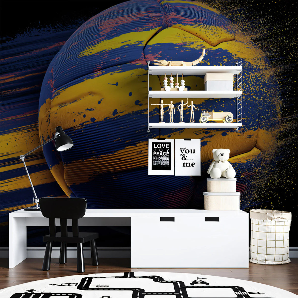 Motion Soccer Ball Mural Wallpaper — Dynamic Blue and Yellow Streak Mural Wallpaper - pure wallpaper artwork