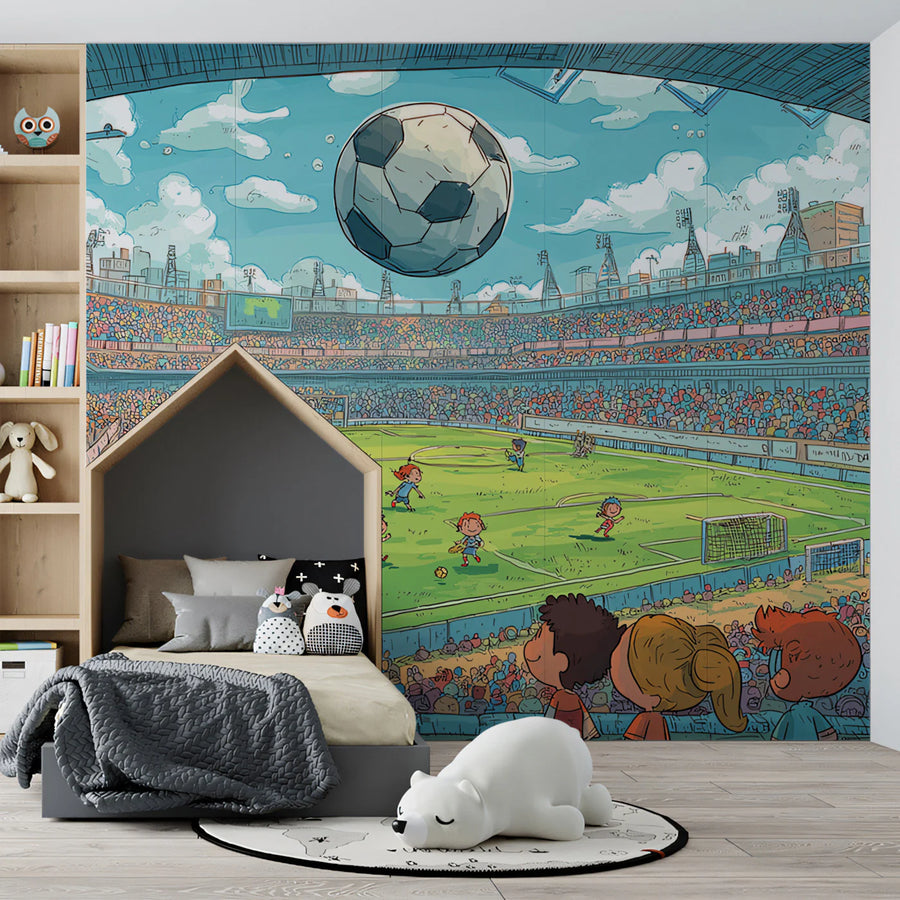 Cartoon Soccer Stadium Panorama Mural Wallpaper — Whimsical Sport Art Mural Wallpaper
