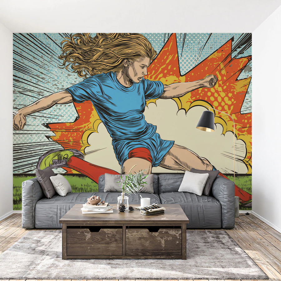 Female Soccer Player Comic Art Mural Wallpaper — Pop Art Action Mural Wallpaper