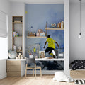 Street Soccer Watercolor Mural Wallpaper — Blue and Yellow Action Mural Wallpaper - pure wallpaper artwork