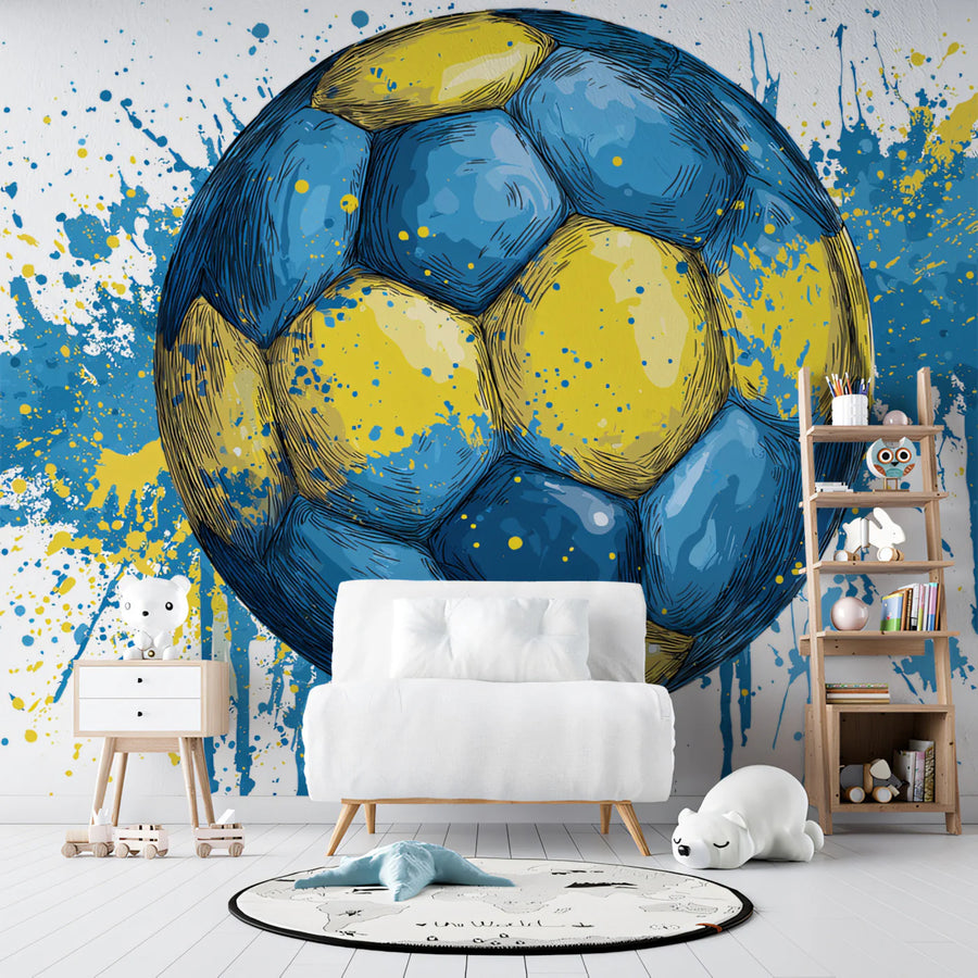 Sketch Soccer Ball Mural Wallpaper — Vibrant Blue and Yellow Art Mural Wallpaper