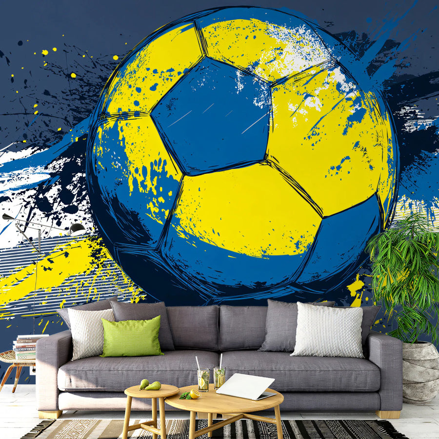 Dynamic Grunge Soccer Ball Mural Wallpaper in Blue and Yellow Mural Wallpaper
