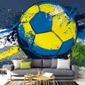 Dynamic Grunge Soccer Ball Mural Wallpaper in Blue and Yellow Mural Wallpaper - pure wallpaper artwork