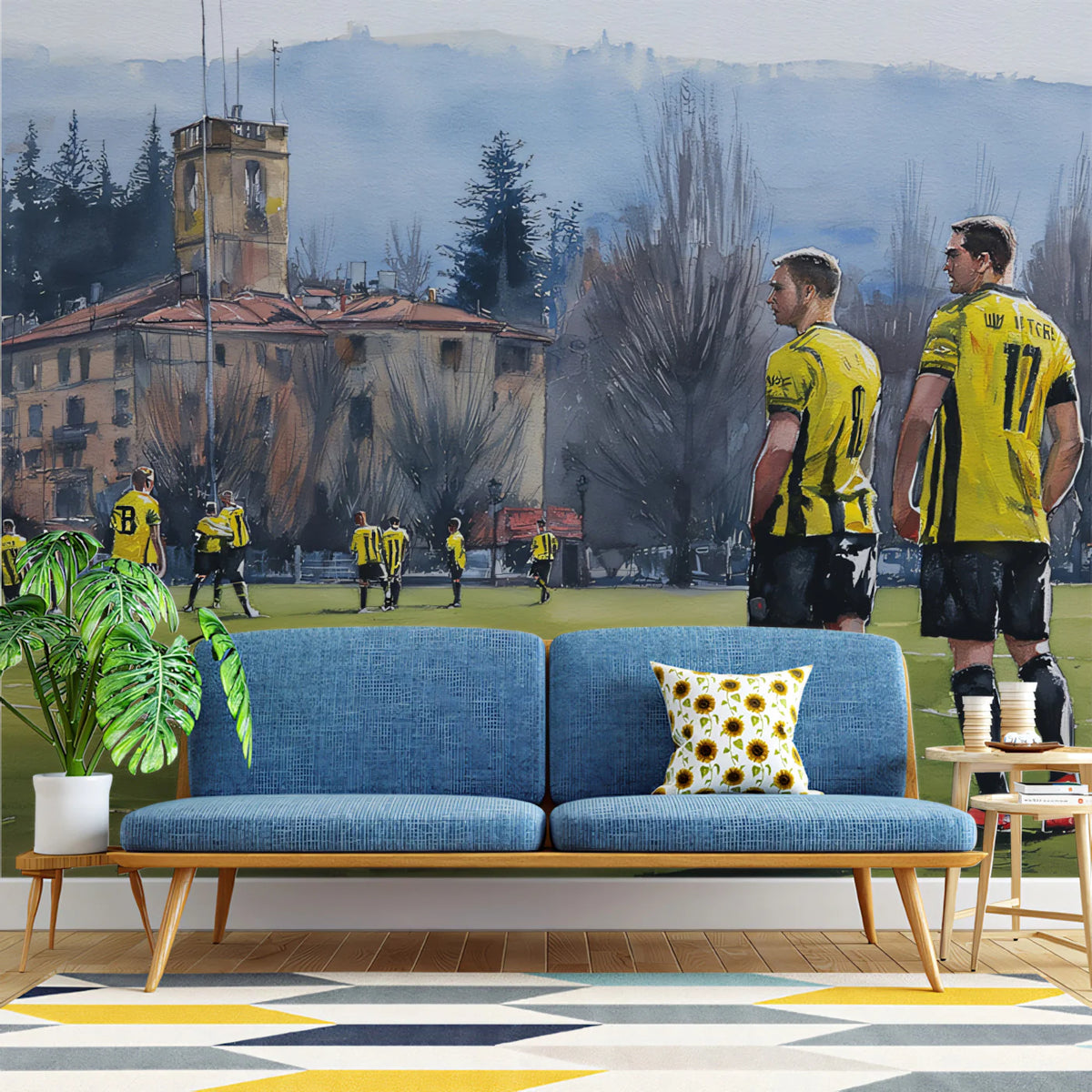 European Soccer Pitch Landscape Mural Wallpaper — Watercolor Art Mural Wallpaper - pure wallpaper artwork