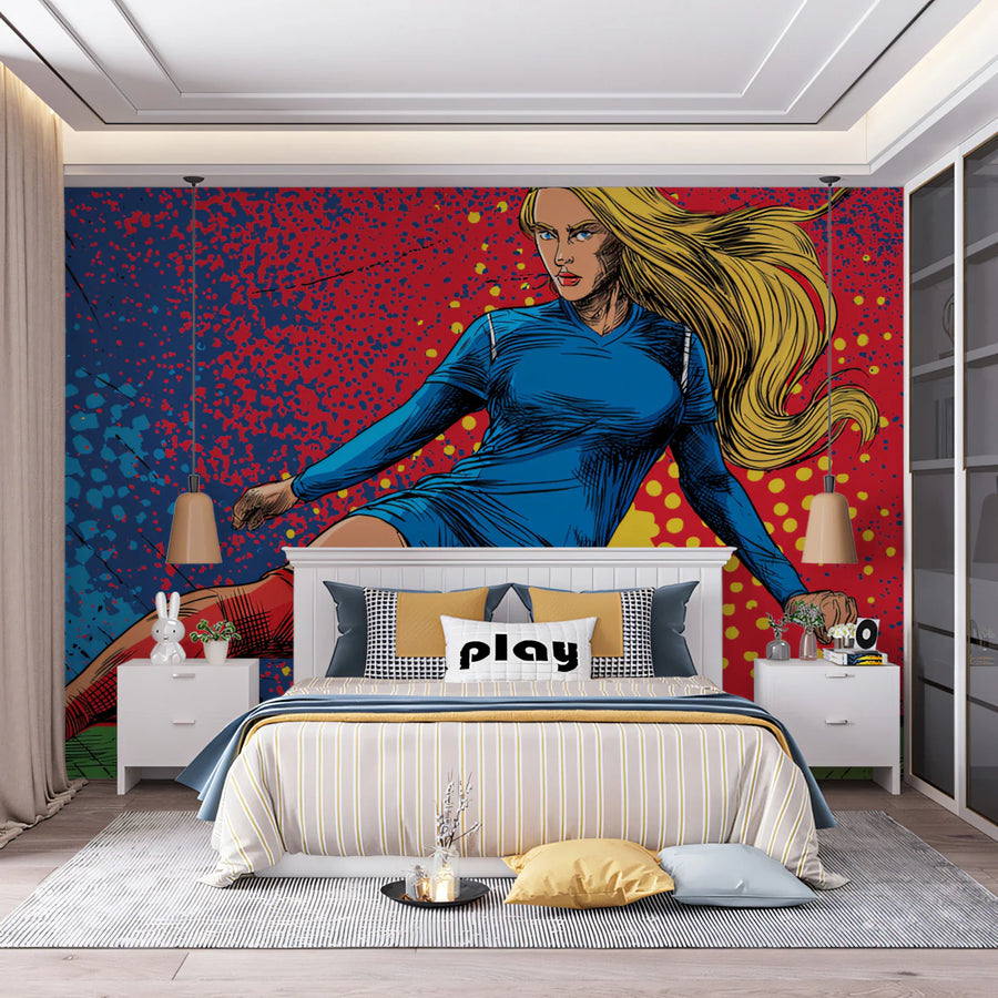 Female Footballer Action Mural Wallpaper — Pop Art Comic Style Mural Wallpaper