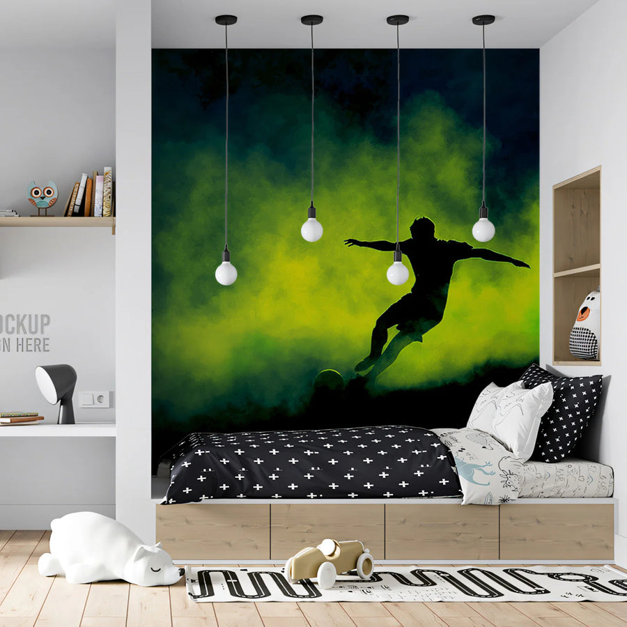 Neon Soccer Silhouette Mural Wallpaper — Electric Smoke Aesthetic Mural Wallpaper