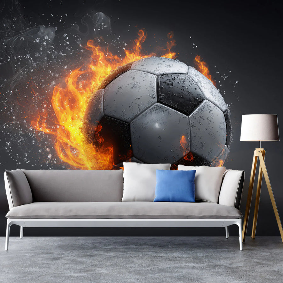 Fiery Soccer Ball Mural Wallpaper — High-Octane Action Design Mural Wallpaper