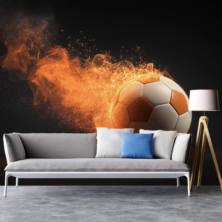 Flaming Soccer Ball Mural Wallpaper — High Energy Sports Motion Art Mural Wallpaper