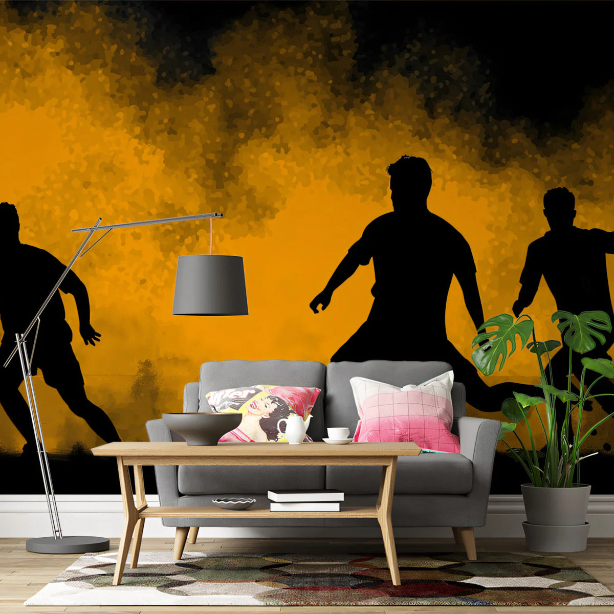 Soccer Action Mural Wallpaper — Dynamic Silhouette and Smoke Burst Mural Wallpaper - pure wallpaper artwork