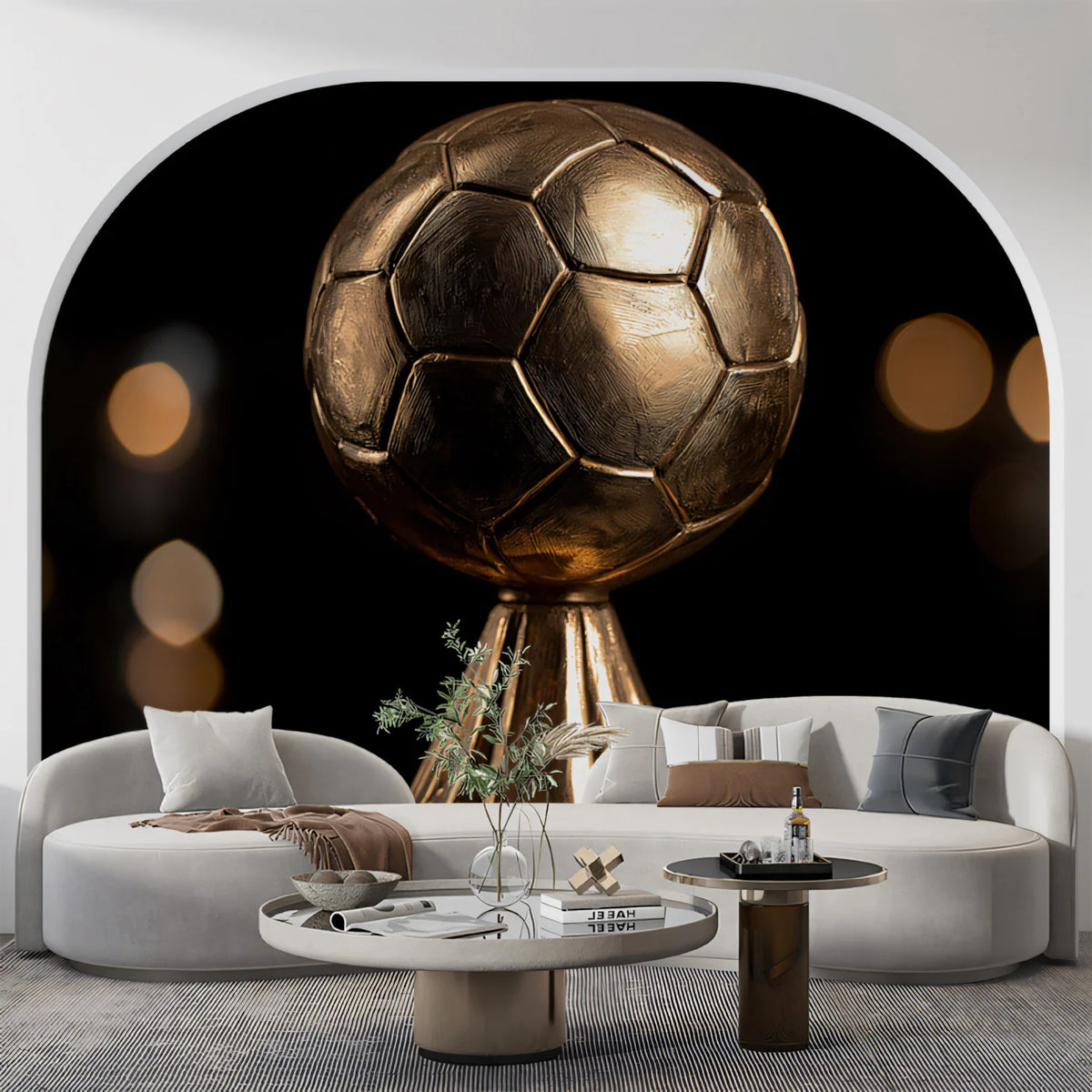 Golden Soccer Trophy Mural Wallpaper — Cinematic Achievement Decor Mural Wallpaper - pure wallpaper artwork
