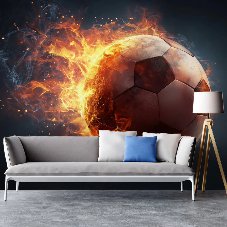 Fiery Soccer Ball Mural Wallpaper — High-Energy Athletic Decor Mural Wallpaper