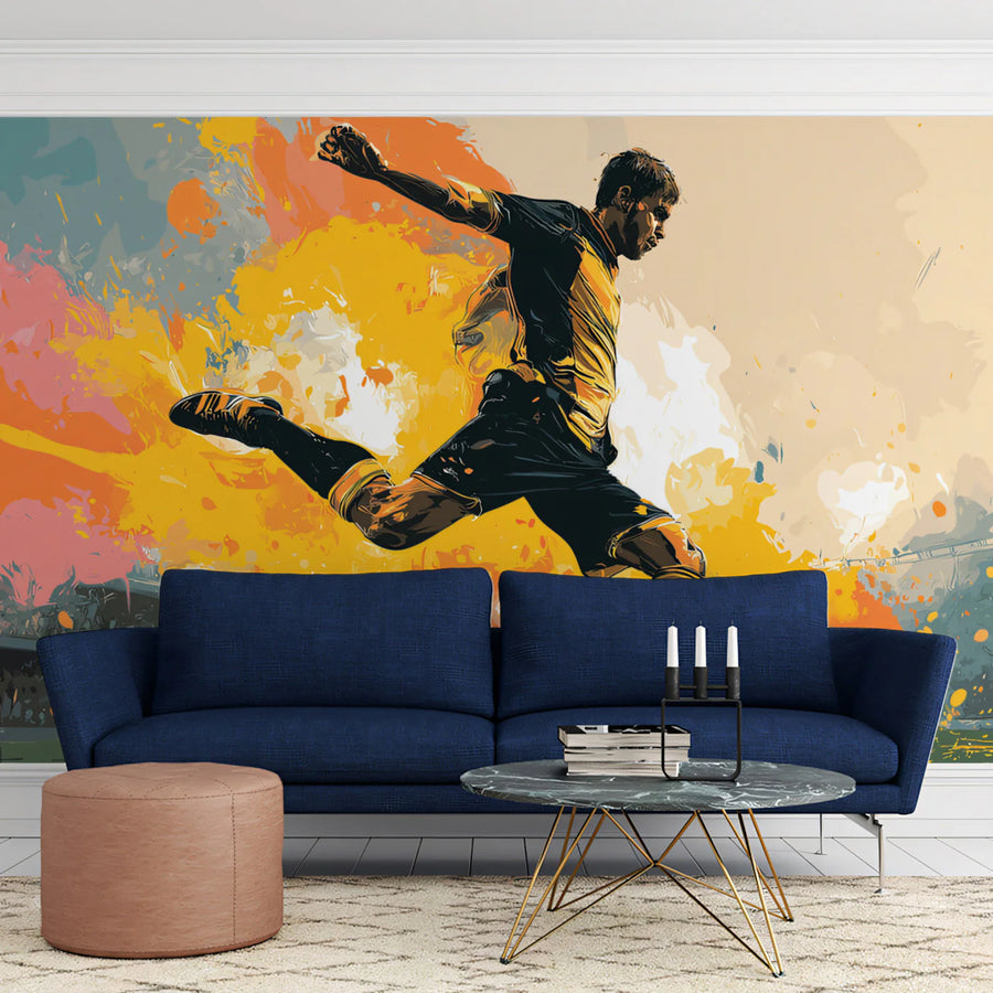 Dynamic Football Strike Mural Wallpaper — Vibrant Artistic Splatter Mural Wallpaper