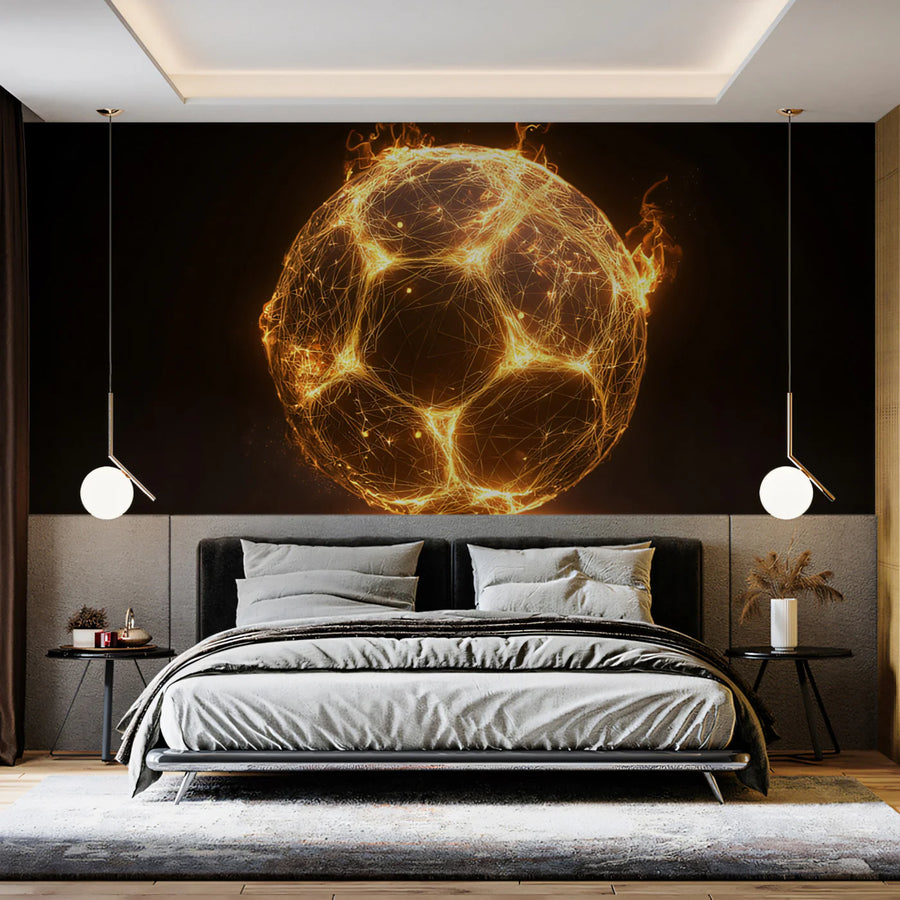 Fiery Soccer Ball Mural Wallpaper — Glowing Geometric Sports Art Mural Wallpaper