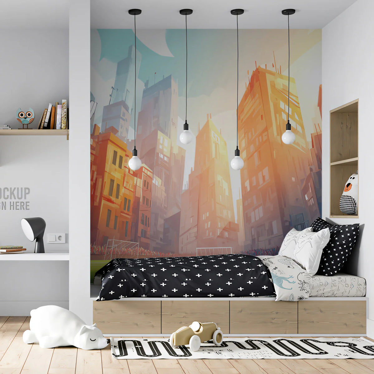 Urban Stadium Sunset Mural Wallpaper — Graphic Cityscape Perspective Mural Wallpaper - pure wallpaper artwork