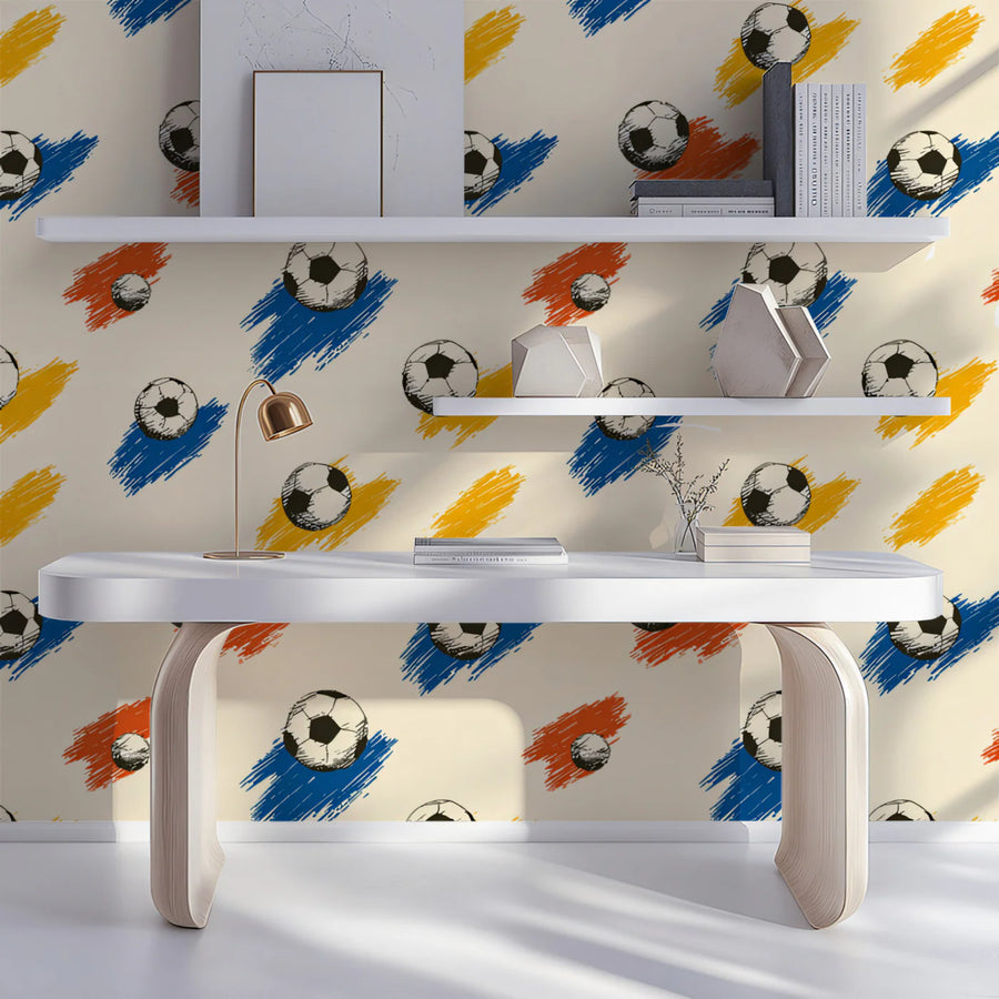Retro Soccer Sketch Mural Wallpaper —Playful Sports Motif Mural Wallpaper
