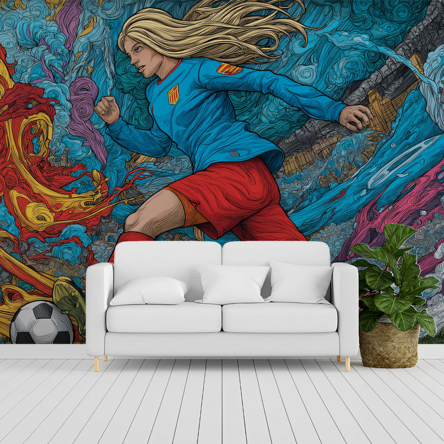 Psychedelic Soccer Action Mural Wallpaper — High-Energy Athletic Art Mural Wallpaper