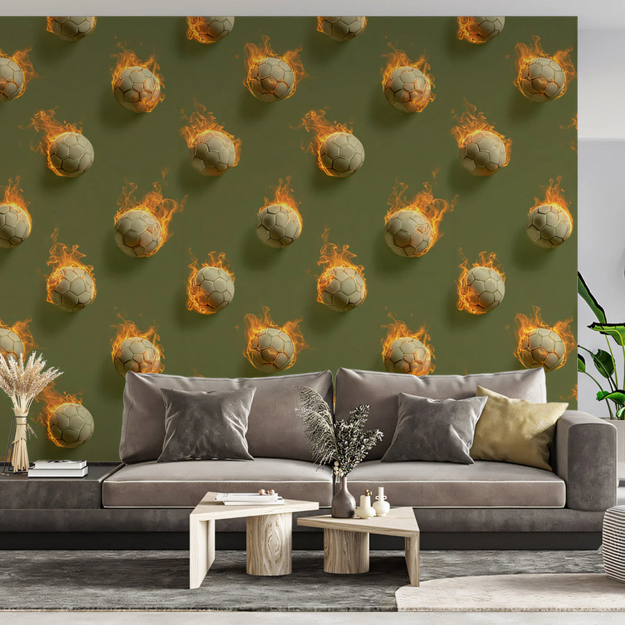 Flaming Soccer Ball Mural Wallpaper — High-Energy Athletic Print Mural Wallpaper