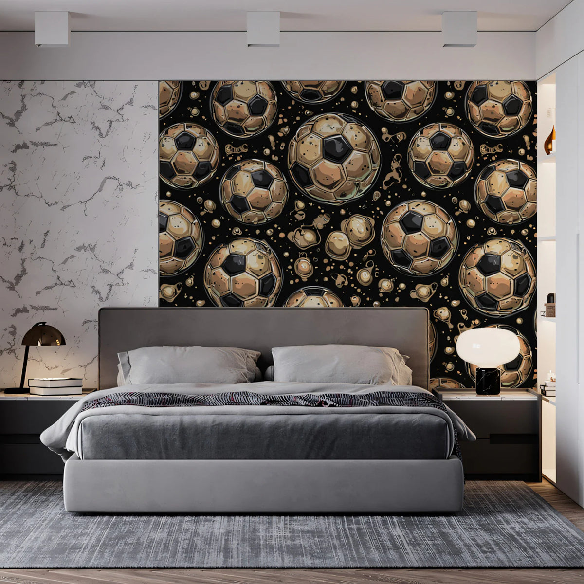 Golden Soccer Ball Repeat Mural Wallpaper — Luxurious Sports Motif Mural Wallpaper - pure wallpaper artwork