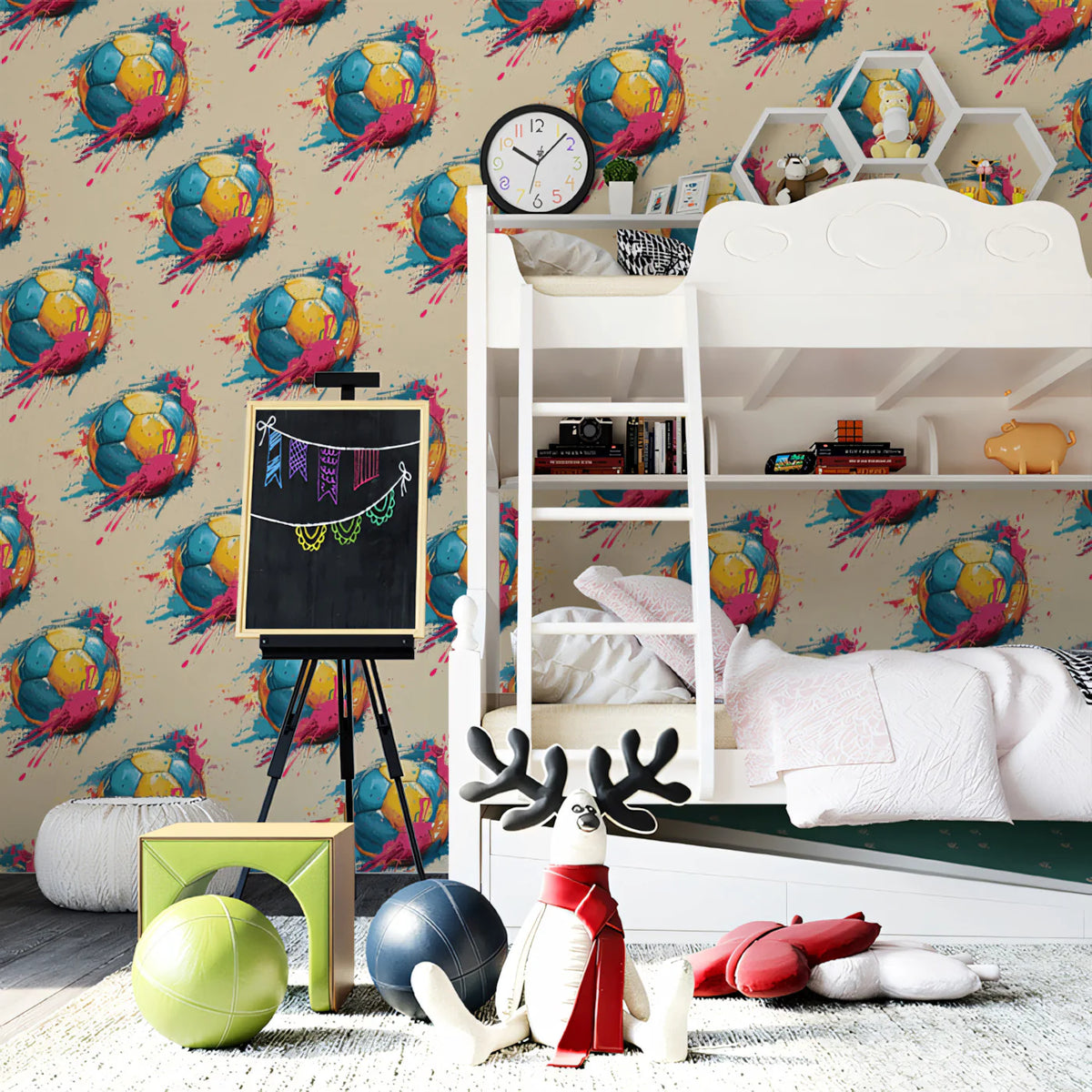 Sporty Soccer Ball Mural Wallpaper —Vibrant Retro Sketch Print Mural Wallpaper - pure wallpaper artwork