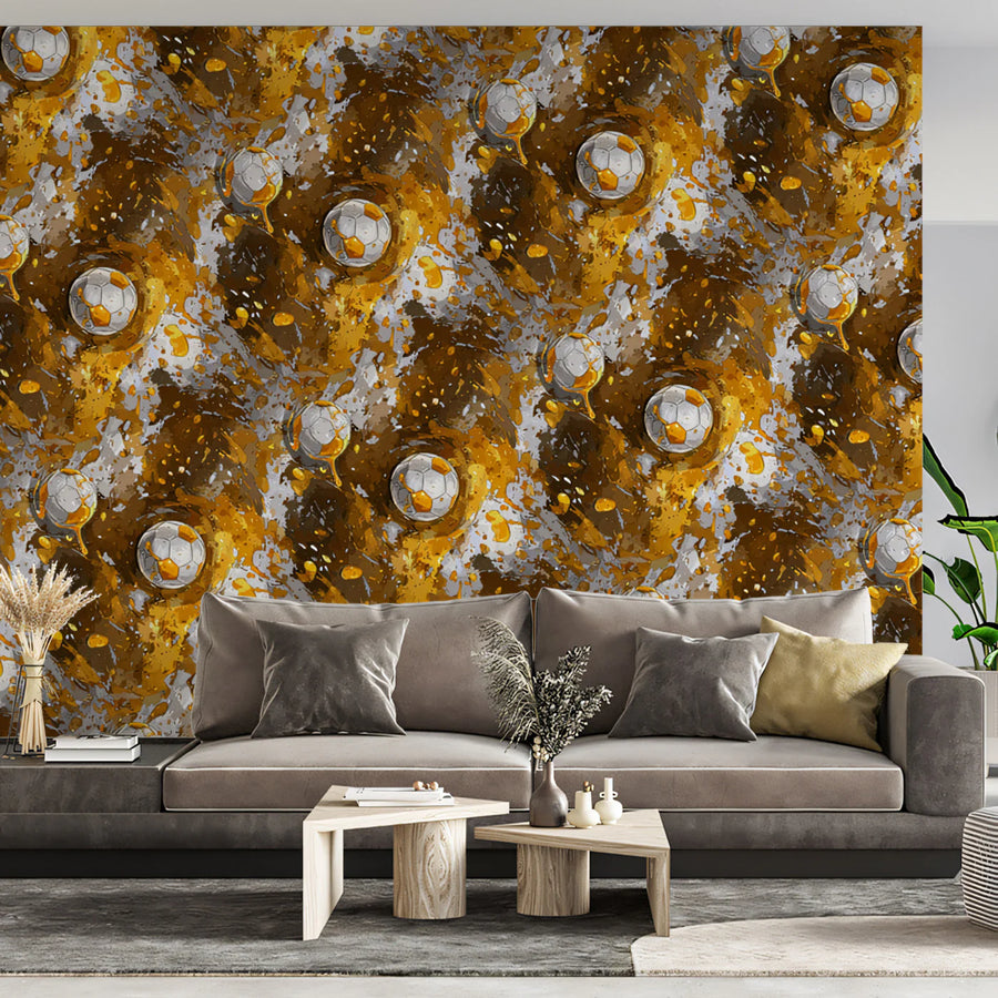 Golden Splatter Soccer Ball Mural Wallpaper — Sporty Modern Design Mural Wallpaper