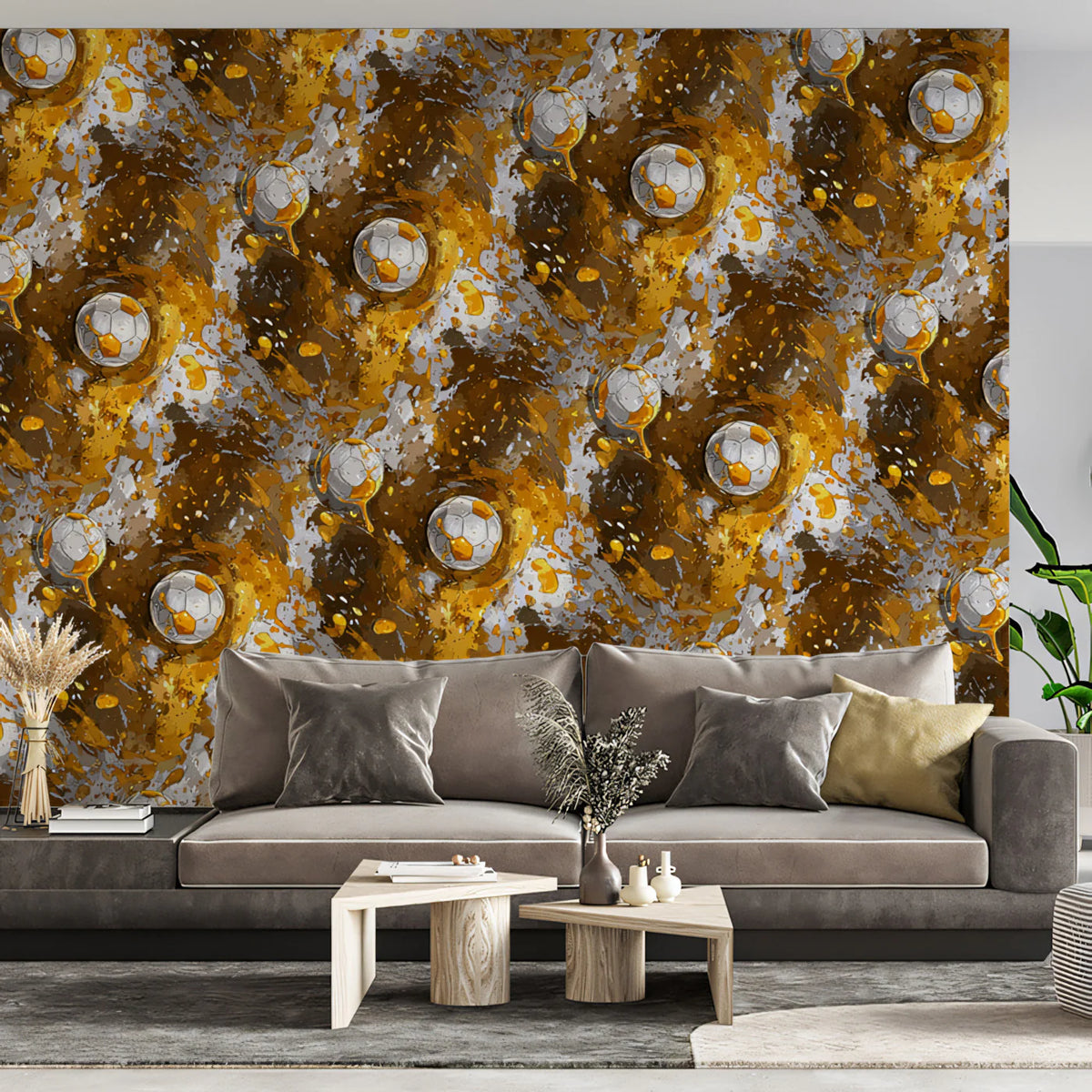 Golden Splatter Soccer Ball Mural Wallpaper — Sporty Modern Design Mural Wallpaper - pure wallpaper artwork