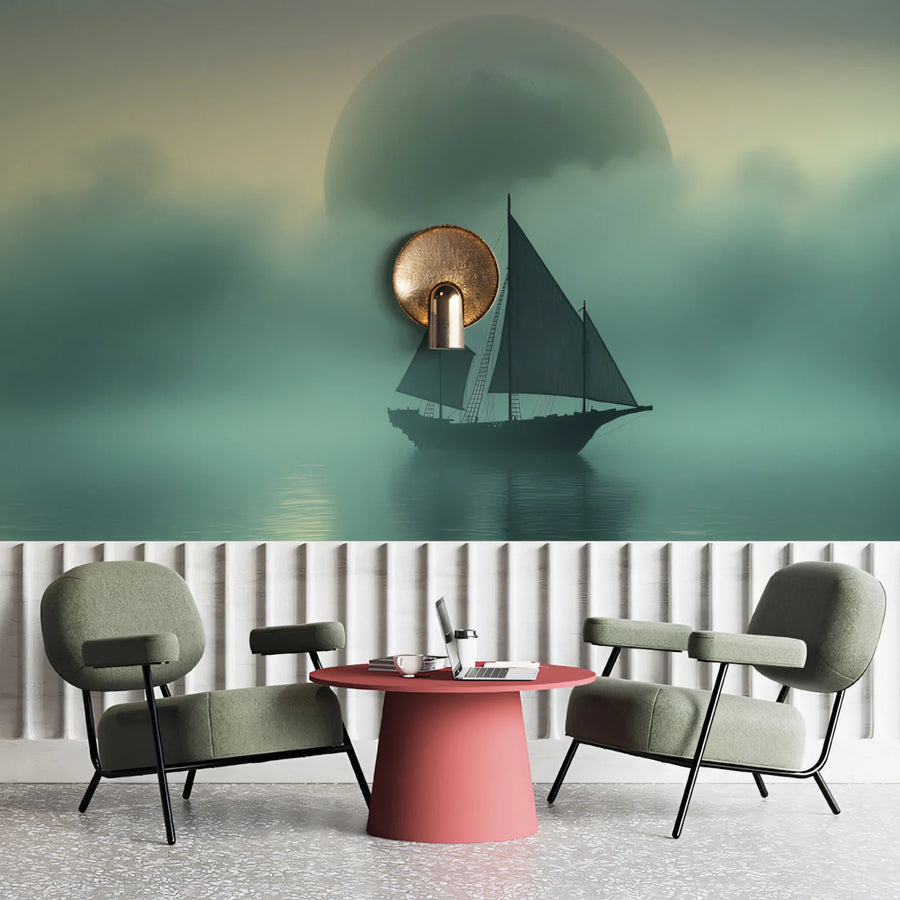Mystic Sailboat Mural Wallpaper — Ethereal Fog and Moon Design Mural Wallpaper