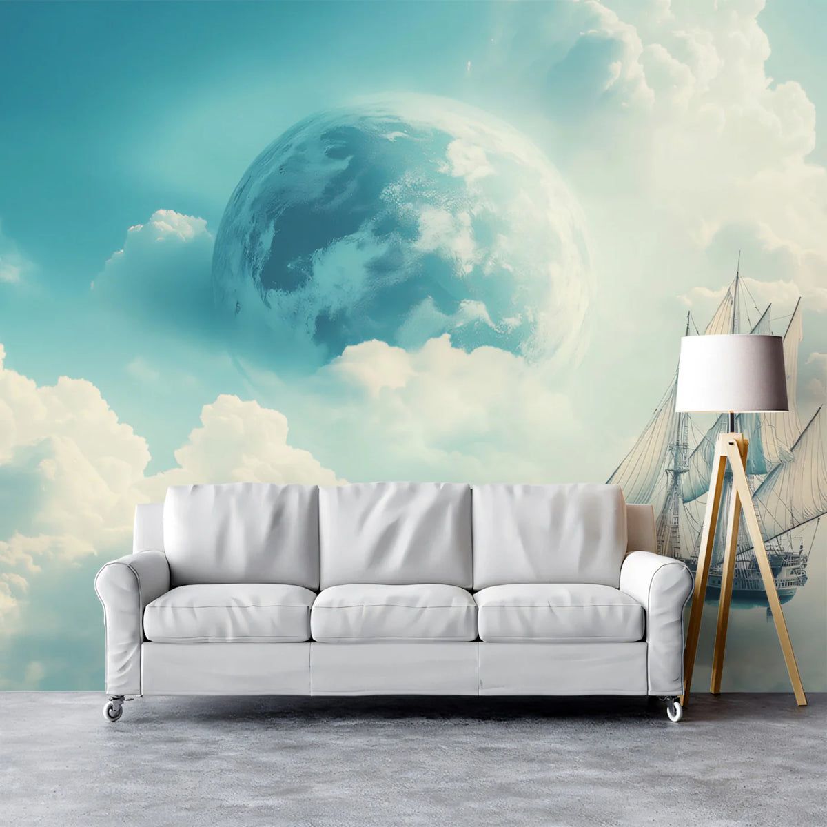 Celestial Sailing Ship Mural Wallpaper — Surreal Sky Cloud Scenery Mural Wallpaper - pure wallpaper artwork