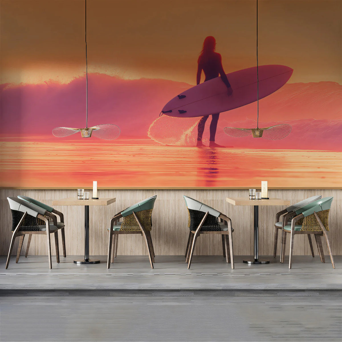 Surfer Silhouette Mural Wallpaper —Golden Hour Beach Scene Mural Wallpaper - pure wallpaper artwork
