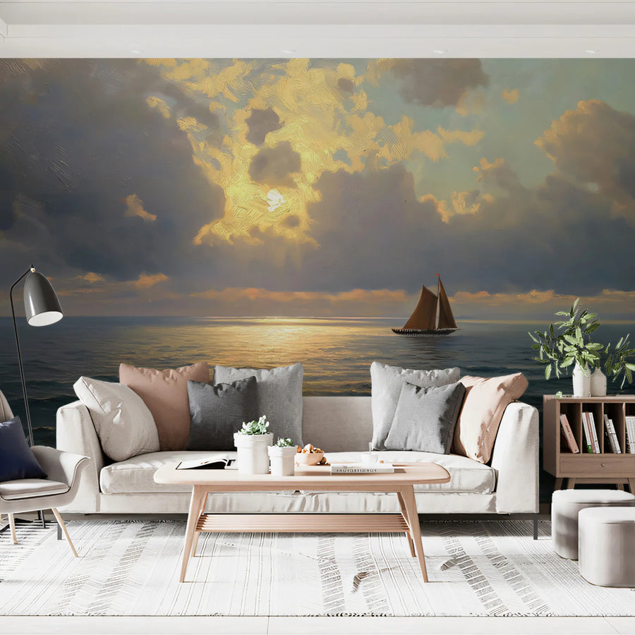 Sailing Ship Golden Sunset Mural Wallpaper — Atmospheric Oil Painting Mural Wallpaper