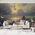 Sailing Ship Golden Sunset Mural Wallpaper — Atmospheric Oil Painting Mural Wallpaper - pure wallpaper artwork