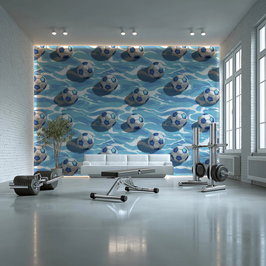 Soccer Ball and Wave Mural Wallpaper — Dynamic Blue Sports Motif Mural Wallpaper