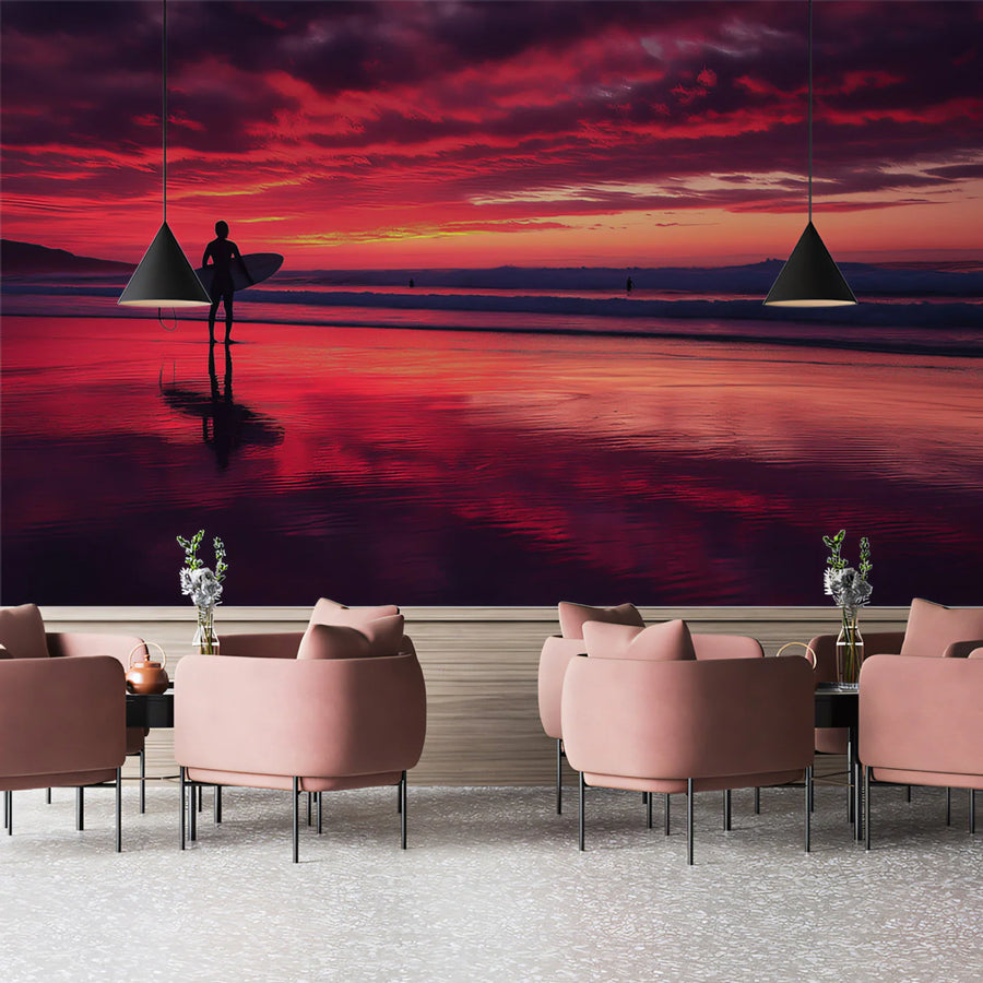 Crimson Sunset Surfer Mural Wallpaper — Dramatic Coastal Scene Mural Wallpaper