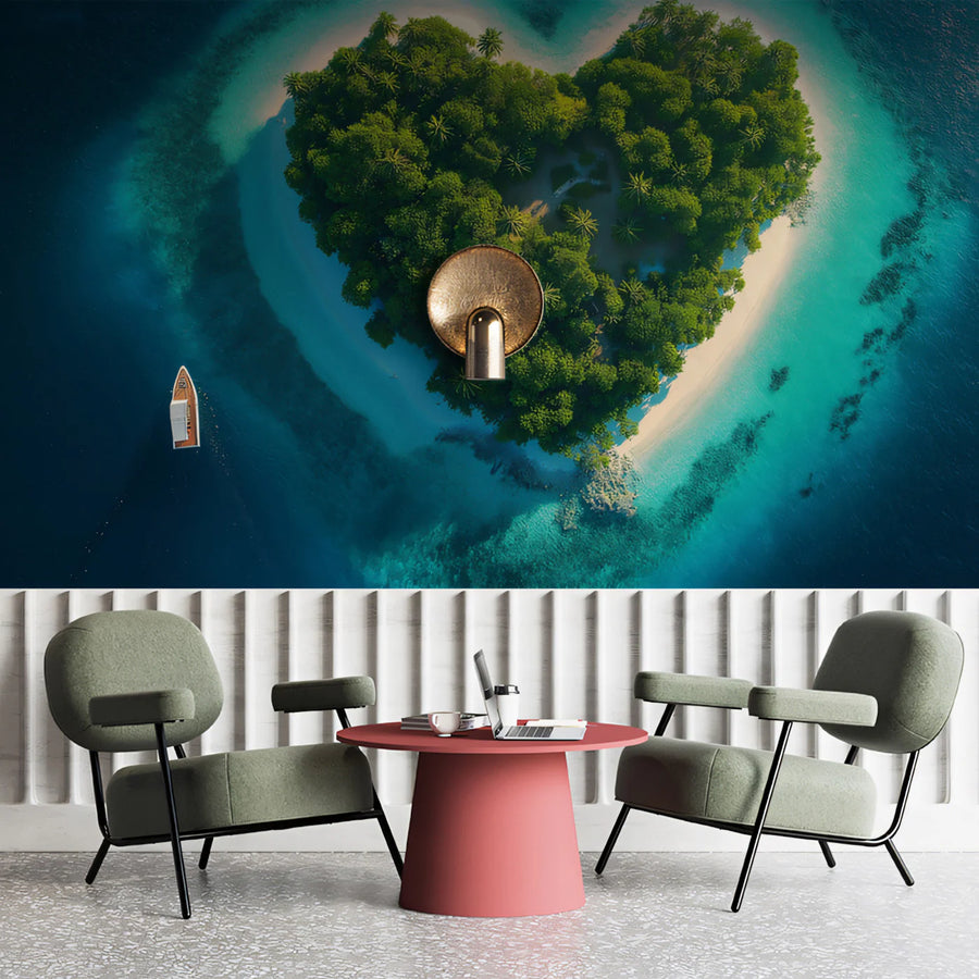 Heart-Shaped Tropical Island Mural Wallpaper — Aerial Ocean View Mural Wallpaper