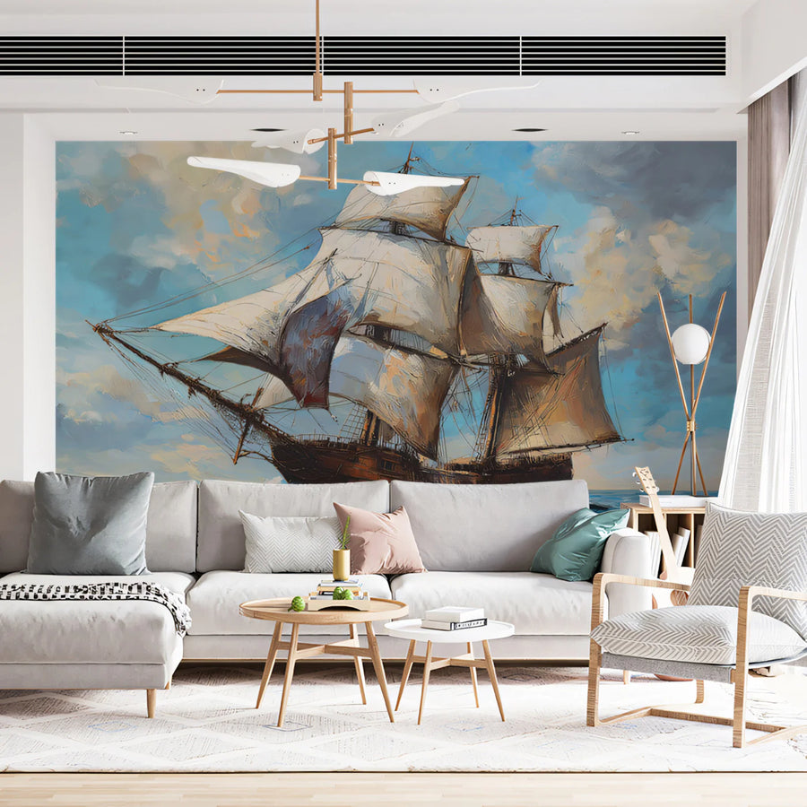 Galleon at Sea Mural Wallpaper — Oil Painting Style Maritime Art Mural Wallpaper