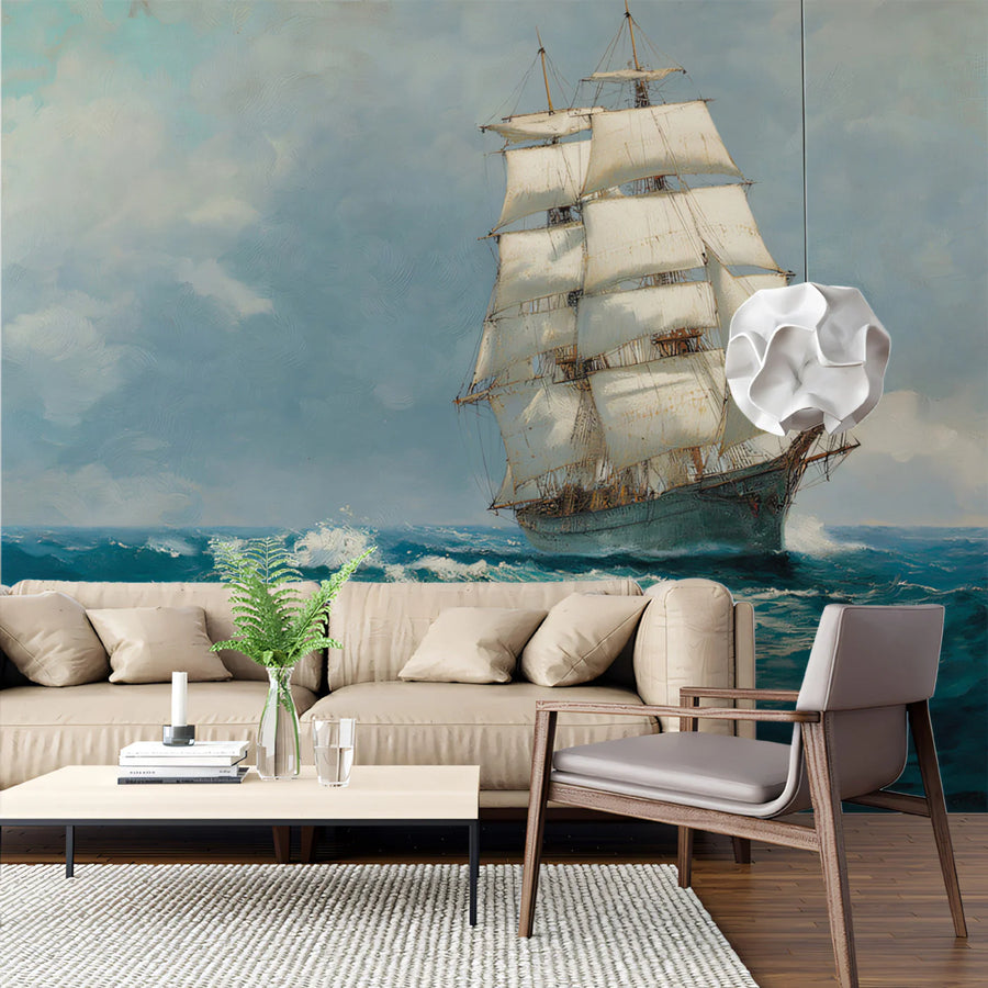 Tall Ship at Sea Mural Wallpaper — Impressionistic Marine Art Mural Wallpaper