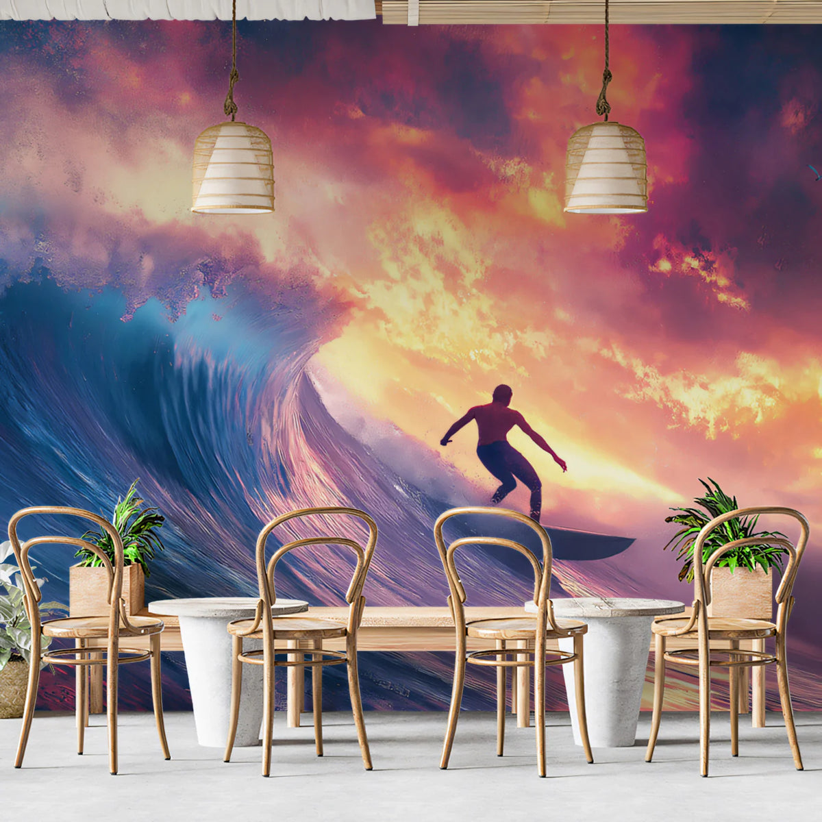 Neon Sunset Surfer Wave Mural Wallpaper — Electric Coastal Decor Mural Wallpaper - pure wallpaper artwork