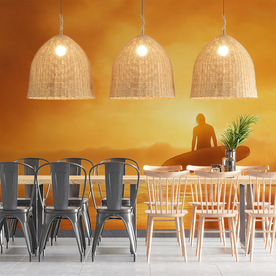 Fiery Surfer Sunset Coastal Mural Wallpaper — Hazy Amber Glow Mural Wallpaper