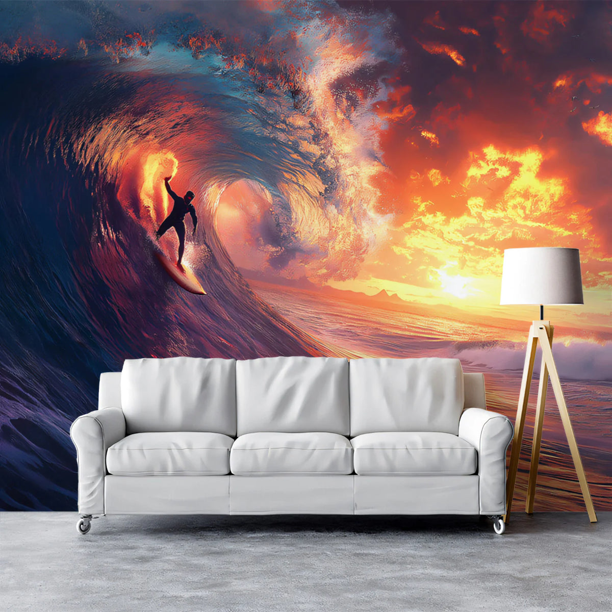Fiery Sunset Surf Mural Wallpaper — Energetic Ocean Action Art Mural Wallpaper - pure wallpaper artwork