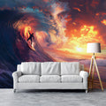 Fiery Sunset Surf Mural Wallpaper — Energetic Ocean Action Art Mural Wallpaper - pure wallpaper artwork