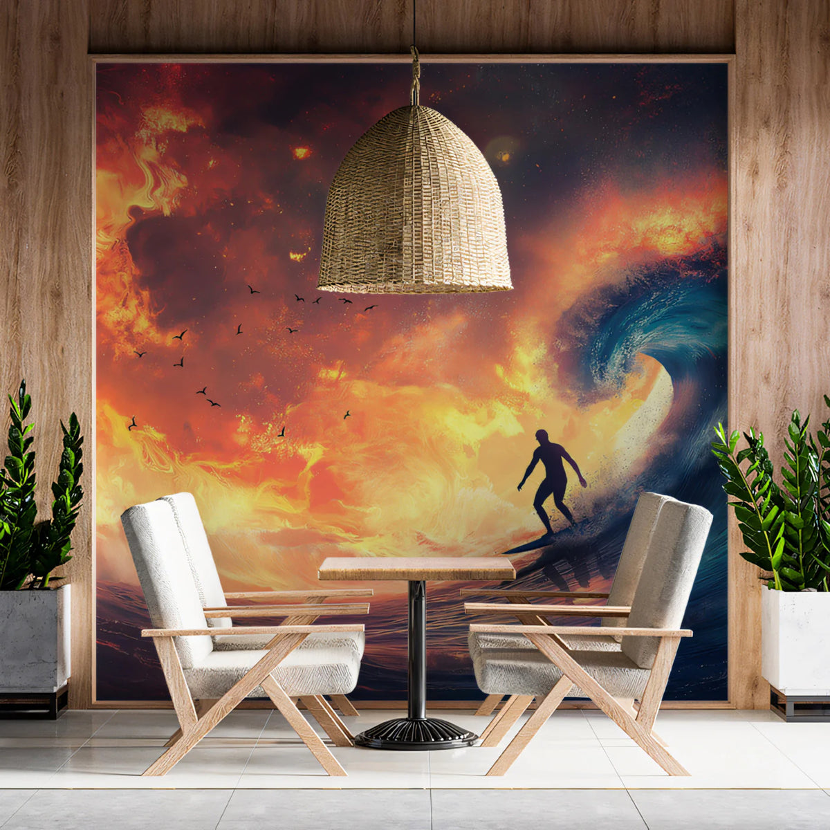 Fiery Ocean Wave Surfing Mural Wallpaper — High Contrast Art Mural Wallpaper - pure wallpaper artwork