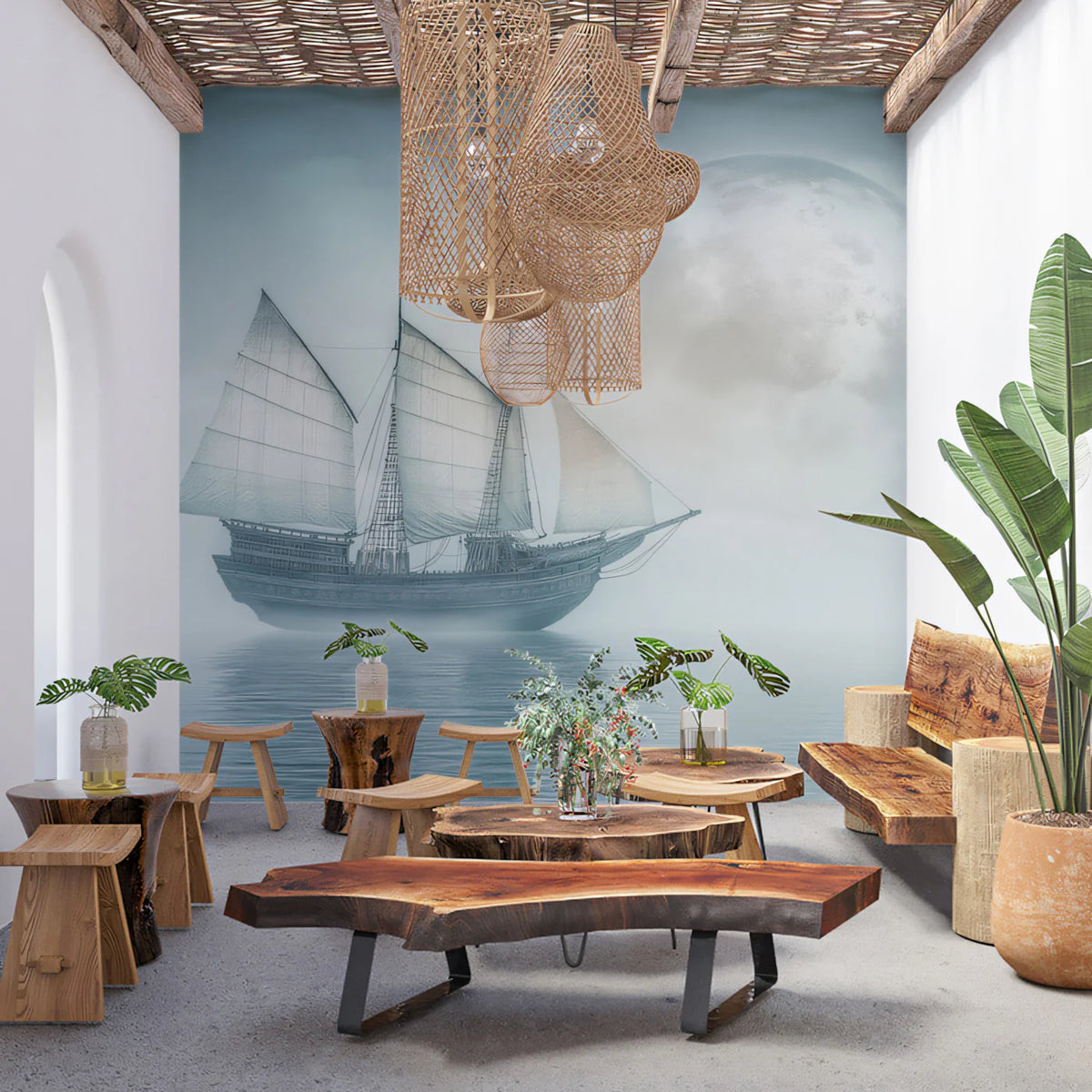Asian Junk Ship in Mist Mural Wallpaper — Ethereal Seascape Mural Wallpaper - pure wallpaper artwork
