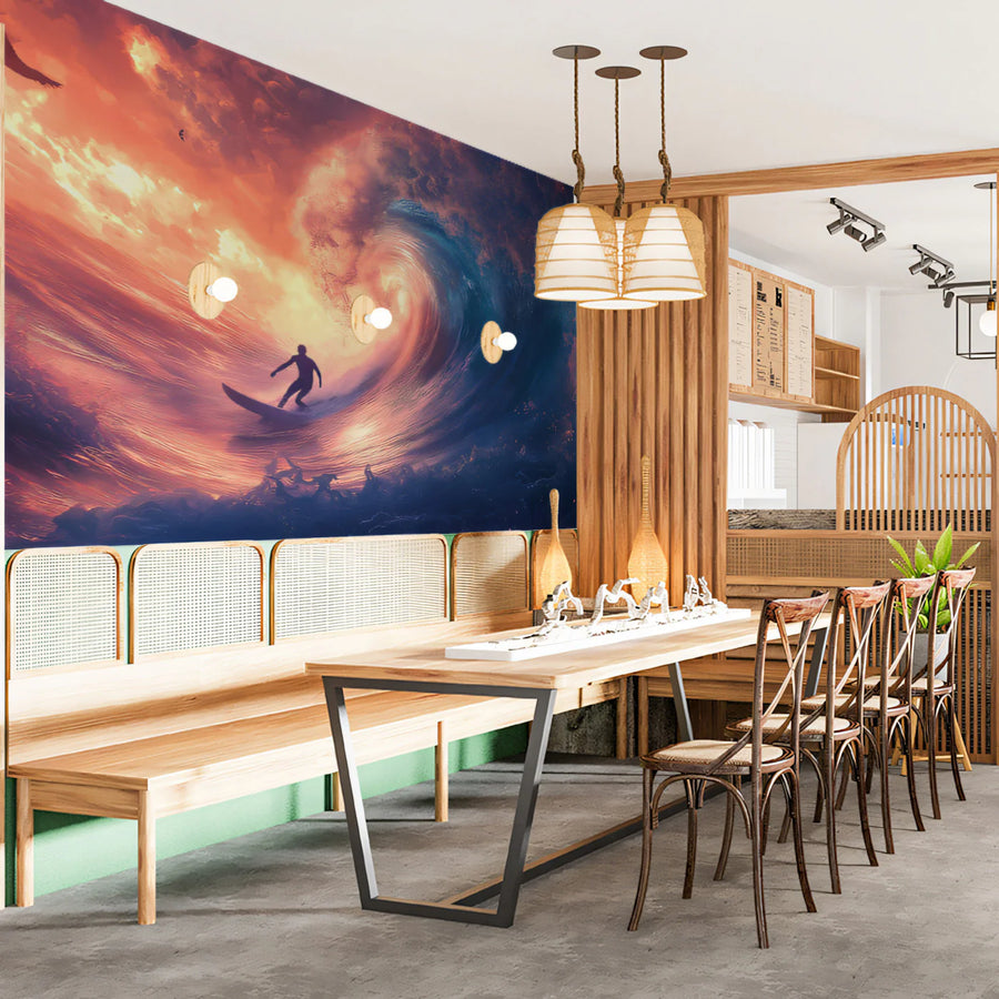 Fiery Ocean Surf Mural Wallpaper — Dramatic Coastal Wave Scene Mural Wallpaper