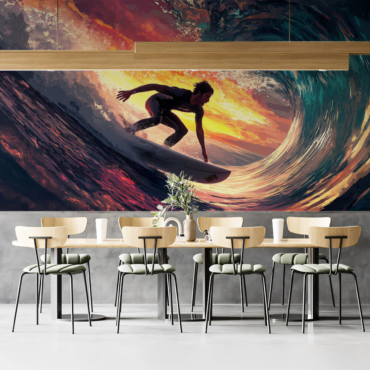 Sunset Surfer Barrel Wave Mural Wallpaper — Dynamic Ocean Art Mural Wallpaper - pure wallpaper artwork