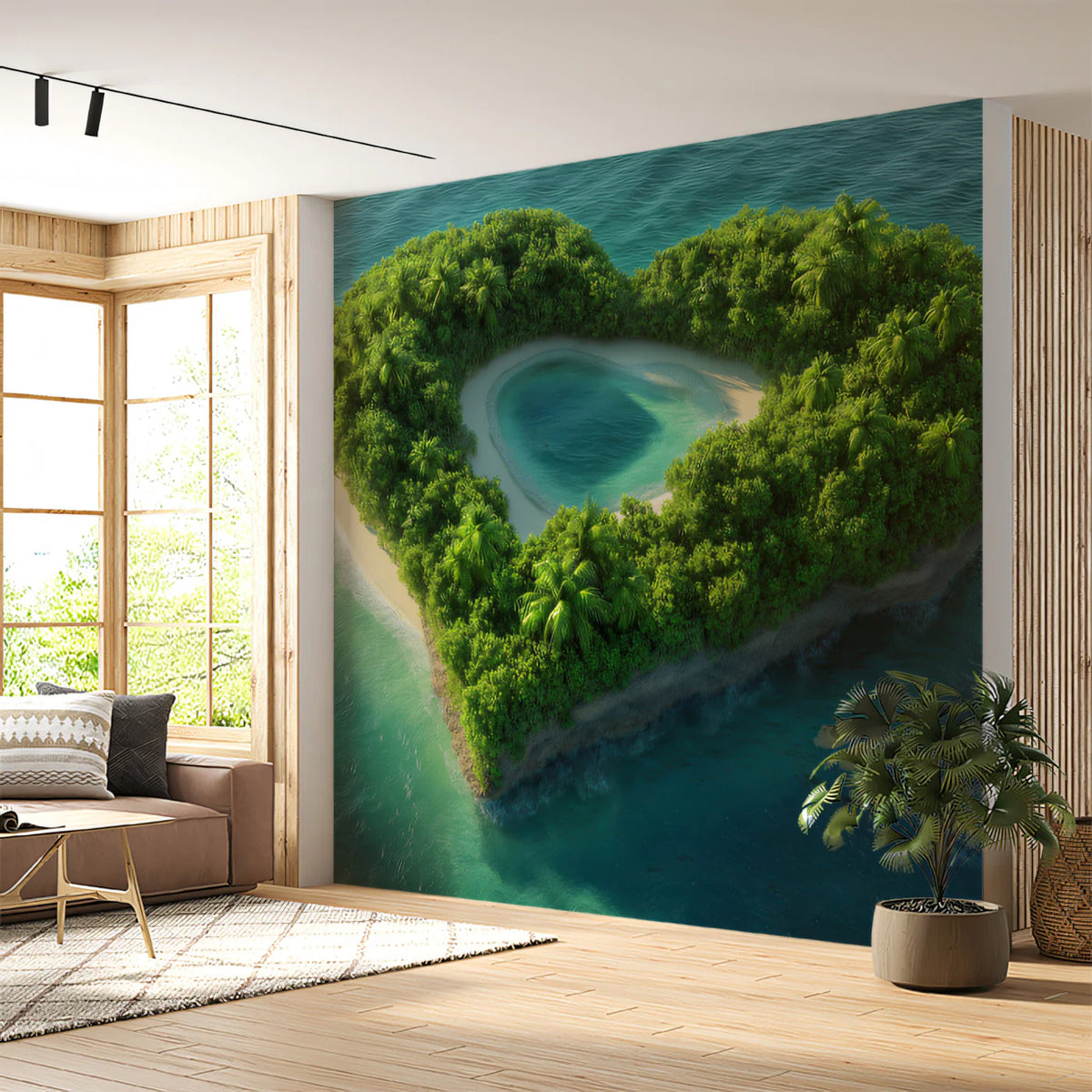 Heart-Shaped Lagoon Island Mural Wallpaper —Tropical Aerial View Mural Wallpaper - pure wallpaper artwork