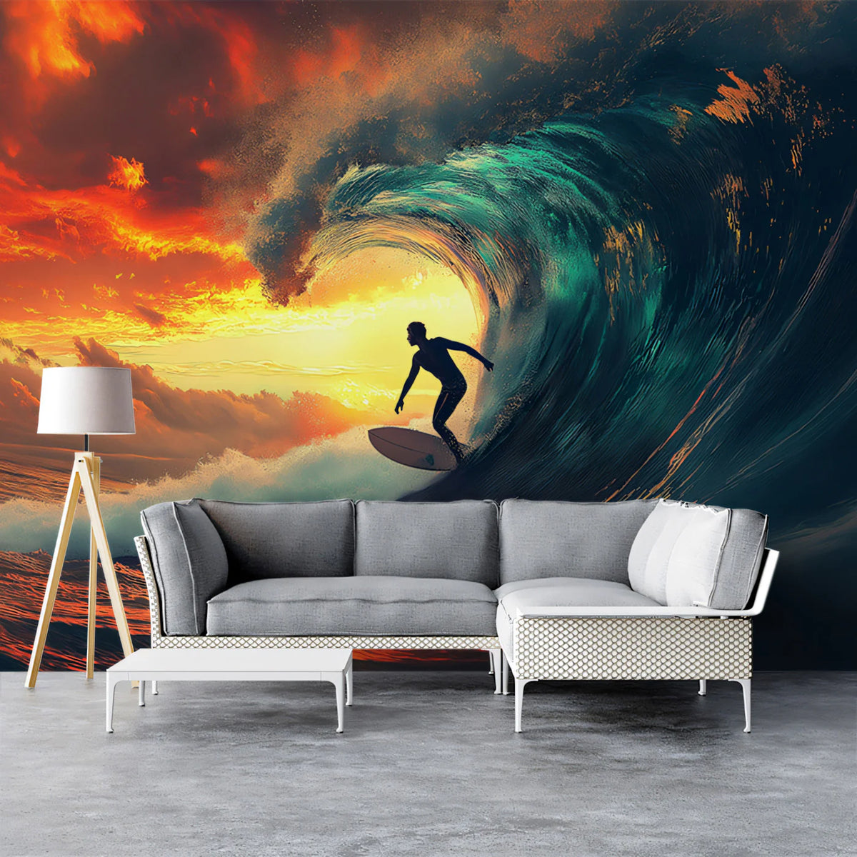 Fiery Sunset Ocean Wave Mural Wallpaper — Dynamic Coastal Art Mural Wallpaper - pure wallpaper artwork