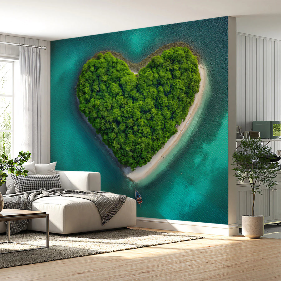 Heart-Shaped Tropical Island Mural Wallpaper — Aerial Ocean View Mural Wallpaper