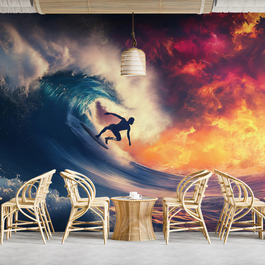 Fiery Surfing Wave Mural Wallpaper — High-Action Coastal Design Mural Wallpaper