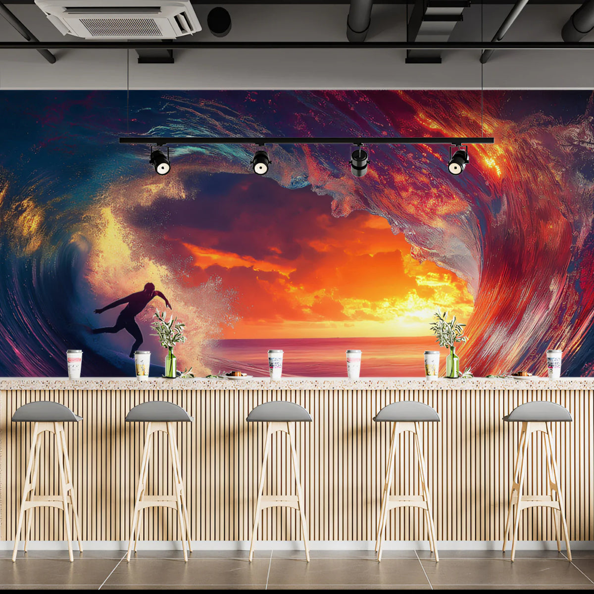 Neon Sunset Surfer Barrel Wave Mural Wallpaper — Electric Energy Mural Wallpaper - pure wallpaper artwork